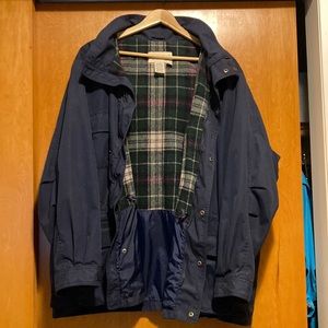 Eddie Bauer, hooded, navy blue coat, plaid wool lined. XX large